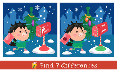 Find 7 differences. Game for children. Cute hedgehog carries letter for Santa Claus. Mailbox, Christmas tree on background of houses.
