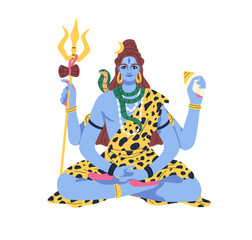 Shiva, Indian Hindu lord. Hinduism god of yoga, meditation. Shivratri divinity, yogi. India divine deity character with serpent, trident. Flat vector illustration isolated on white background