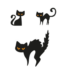 Set of black vector cats with yellow eyes on the white background