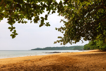 Beautiful empty beach lined by palm trees and trees along the northern coast of the island of Príncipe.