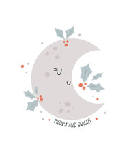 Christmas holiday card with cute moon and mistletoes