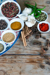Variety of spices in individual white bowls or standalone, grouped together, on a wood paneled background