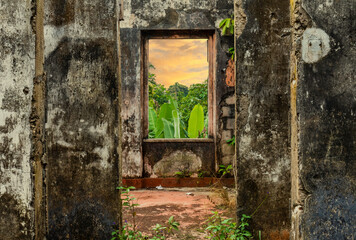 Fototapeta na wymiar View of the beautiful tropical foliage from the window of an old abandoned hospital on the island of Príncipe.