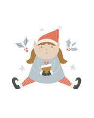 Christmas holiday card with funny elf girl in a winter hat.