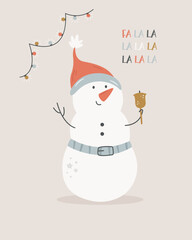 Christmas holiday card with funny snowman and decorative garland