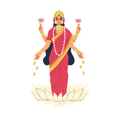 Lakshmi goddess of Hinduism, India. Divine Laxmi, Indian female Hindu character of wealth, gold. Ancient mythology woman deity of prosperity. Flat vector illustration isolated on white background
