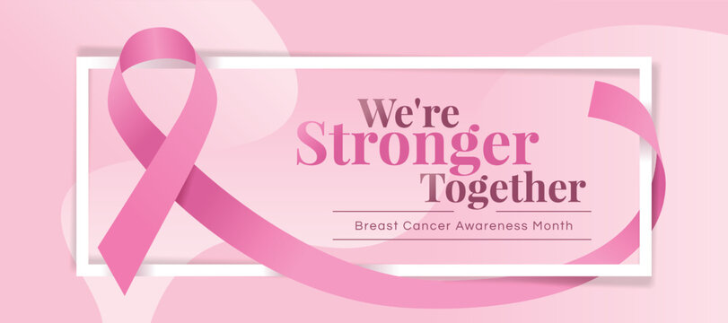 We are stronger together, Breast cancer awareness month text in white frame and pink ribbon rolling around on curve soft pink background vector Design
