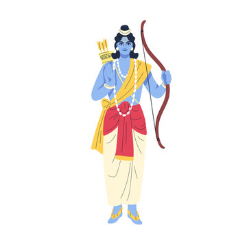 Indian god Rama. Hindu divine archer character. Male Ram deity statue holding arrows and bow. india Hinduism mythology. Traditional divinity. Flat vector illustration isolated on white background