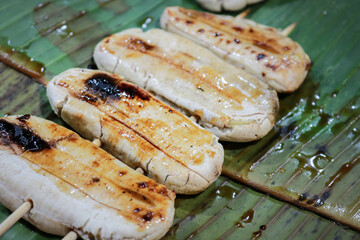 Roasted Banana or Grilled Banana at market in Thailand. Street food.