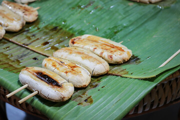 Roasted Banana or Grilled Banana at market in Thailand. Street food.