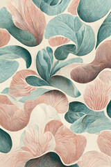 Trendy, abstract floral pattern, elegant pastel color, modern design wallpaper. Colorful leaves and flowers. Asymmetrical ornament, amazing graphic backdrop. Illustration. - 521164828