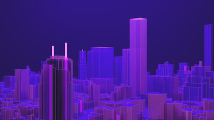Side view on metaverse city. Ultraviolet cyberpunk town. 3d render illustration