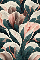 Trendy, abstract floral pattern, elegant pastel color, modern design wallpaper. Colorful leaves and flowers. Asymmetrical ornament, amazing graphic backdrop. Illustration. - 521164860