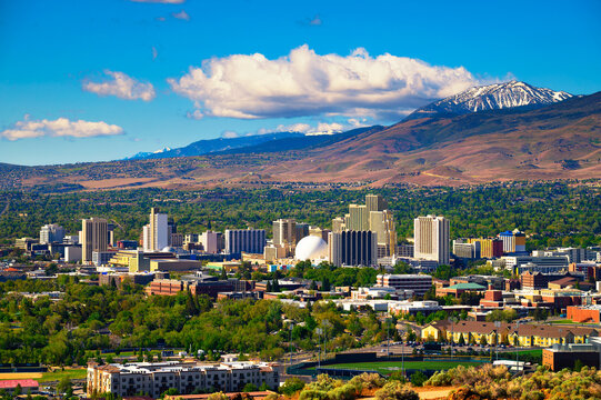 Downtown Reno skyline, Nevada, with hotels, casinos and surrounding mountains