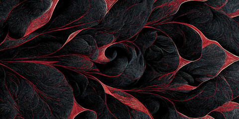 Trendy, abstract floral pattern, elegant, red and black color modern design wallpaper. Colorful leaves and flowers. Asymmetrical ornament, amazing graphic backdrop. Illustration. - 521165006