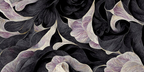 Trendy, abstract floral pattern, elegant black and white color modern design wallpaper. Colorful leaves and flowers. Asymmetrical ornament, amazing graphic backdrop. Illustration. - 521165021