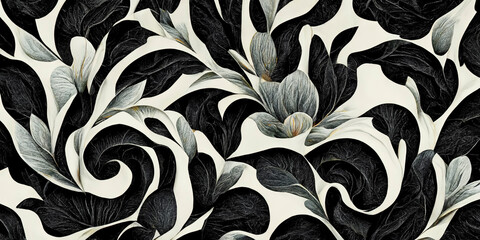 Trendy, abstract floral pattern, elegant pastel color, modern design wallpaper. Black and white leaves and flowers. Asymmetrical ornament, amazing graphic backdrop. Illustration. - 521165031