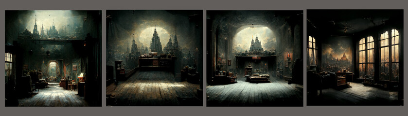 Set of Dark vintage old room matte painting, Old Retro vintage room painting, Old damaged room illustration for vfx and video post production projects