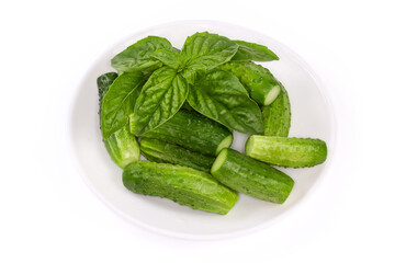 Whole small cucumbers with twig of green basil on dish