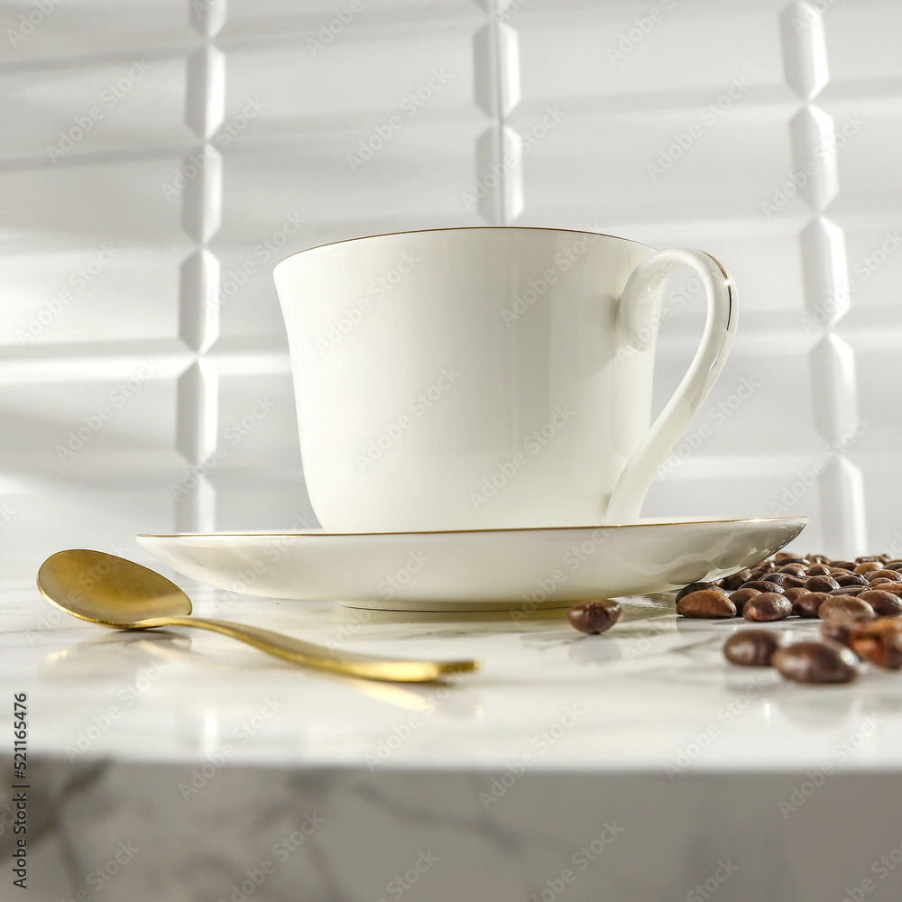 Wall mural fresh hot coffee cup and marble desk