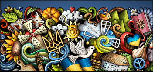 Obraz premium Ukraine doodle banner. Cartoon vector flyer.
