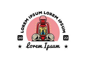 Outdoor lantern with triangle camping tent and two skull illustration