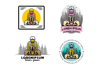 Outdoor lantern with triangle camping tent and two skull illustration