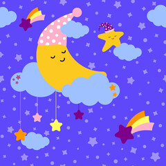 Seamless pattern. A cute yellow moon sleeps in clouds on a blue background. Lullaby theme. Vector cartoon illustration