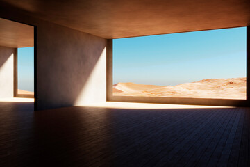 room without furniture and with big window to beautiful view to desert and sands. 3d rendering