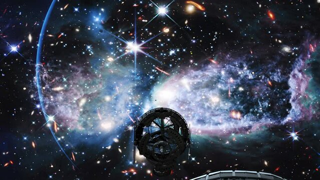 Spaceship travel in outer space to a distant galaxy. 
Composition contains NASA imagery.
CREDITS: NASA, ESA, CSA, and STScI https://www.nasa.gov/webbfirstimages
https://esahubble.org/images/heic1118a/