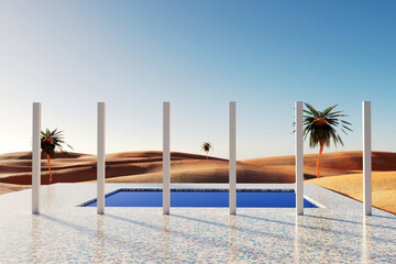 Panorama of the desert with palm trees and swimming pool, 3d rendering
