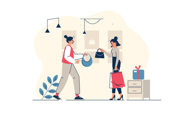 Shopping concept in flat line design with people scene. Woman choosing new bag in showroom of fashionable boutique. Seller helps client and consults customer in shop. Vector illustration for web