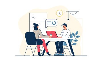 Fototapeta na wymiar Workflow concept in flat line design with people scene. Man and woman employees working at office together, business communication, teamwork at project, job organization. Vector illustration for web