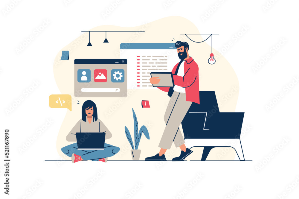 Poster ui ux programming concept in flat line design with people scene. woman and man creates user interfac