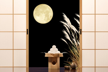 満月の夜に飾られた月見団子とススキ / 十五夜・中秋の名月・お月見のコンセプトイメージ / 3Dレンダリング