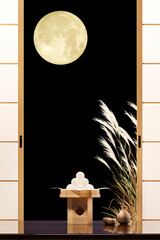 満月の夜に飾られた月見団子とススキ / 十五夜・中秋の名月・お月見のコンセプトイメージ / 3Dレンダリング