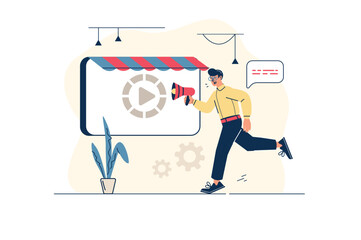 Digital marketing concept in flat line design with people scene. Man with megaphone makes advertising campaign in social networks, creates viral promotional video content. Vector illustration for web