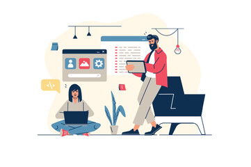 UI UX programming concept in flat line design with people scene. Woman and man creates user interface layouts and optomozates for different gadgets, develop applications. Vector illustration for web