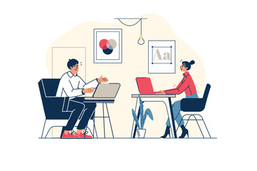 Creative agency concept in flat line design with people scene. Woman and man working as designers and artists, creating new ideas for projects, discussing tasks at office. Vector illustration for web