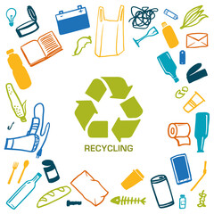 Trash  with sign of  Recycling. Garbage  of different materials. Vector silhouette illustration isolated on white background.