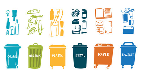 Trash cans with name and illustration of garbage  illustration set. Recycling of different materials. Vector silhouette illustration isolated on white background.