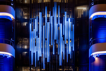 Pipe organ at Organ Hall of a Philharmonic. Steel tubes of Pipe Organ in modern philharmonic hall