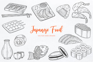 Japan or japanese food set collection with hand drawn sketch vector