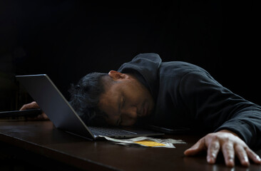 cybercrime suicided after hacking failed and arrested by police, bad hacker in black hoodie dead on...