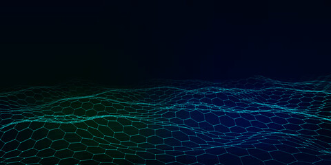 Futuristic vector hexagon wave. Dark cyberspace. Abstract wave with dots and line. White moving particles on background.