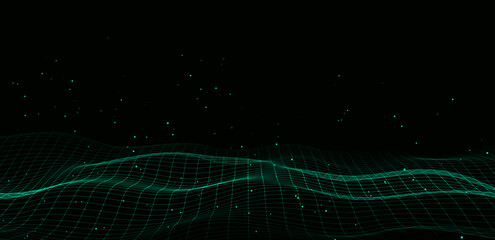 Fototapeta na wymiar Abstract vector technology wave of particles. Big data visualization. Background with motion dots and lines. Artificial intelligence.