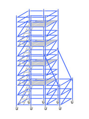Mobile scaffolding, white background, used in construction areas.