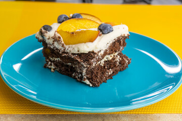 chocolate cake with fruits. food concept.
