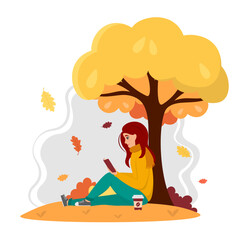 Young woman in warm sweater reading book under the tree in autumn park. Autumn season leisure time concept. Isolated on white background. Vector flat illustration