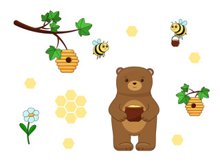 A set with a cute little brown bear with a honey pot, bees and a beehive. Children's vector illustration, character